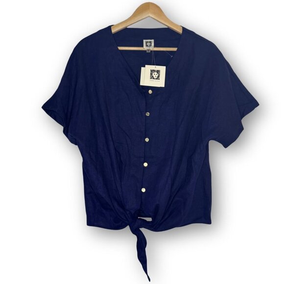 NWT Anne Klein Linen Short Sleeve Tie Front Navy Blue Blouse Size Small - Picture 1 of 7